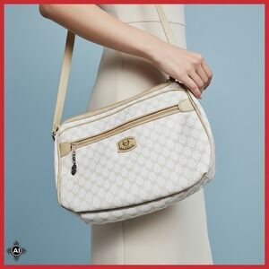 Desiree VR‎ Classic Crossbody Bag Monogram Logo White Beige Faux Leather Purse